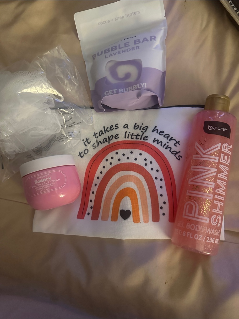 Pink Shimmer Body Wash + Lavender Bubble Bar & Body Cream , loofah and bag